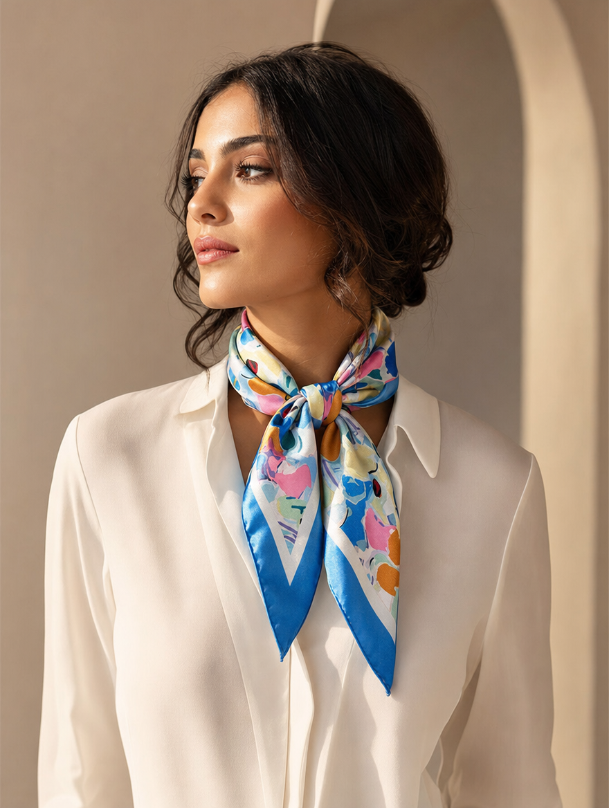 Pañuelo Abstracto Azul Multicolor, llevado al cuello con estilo elegante y acabado cuidado