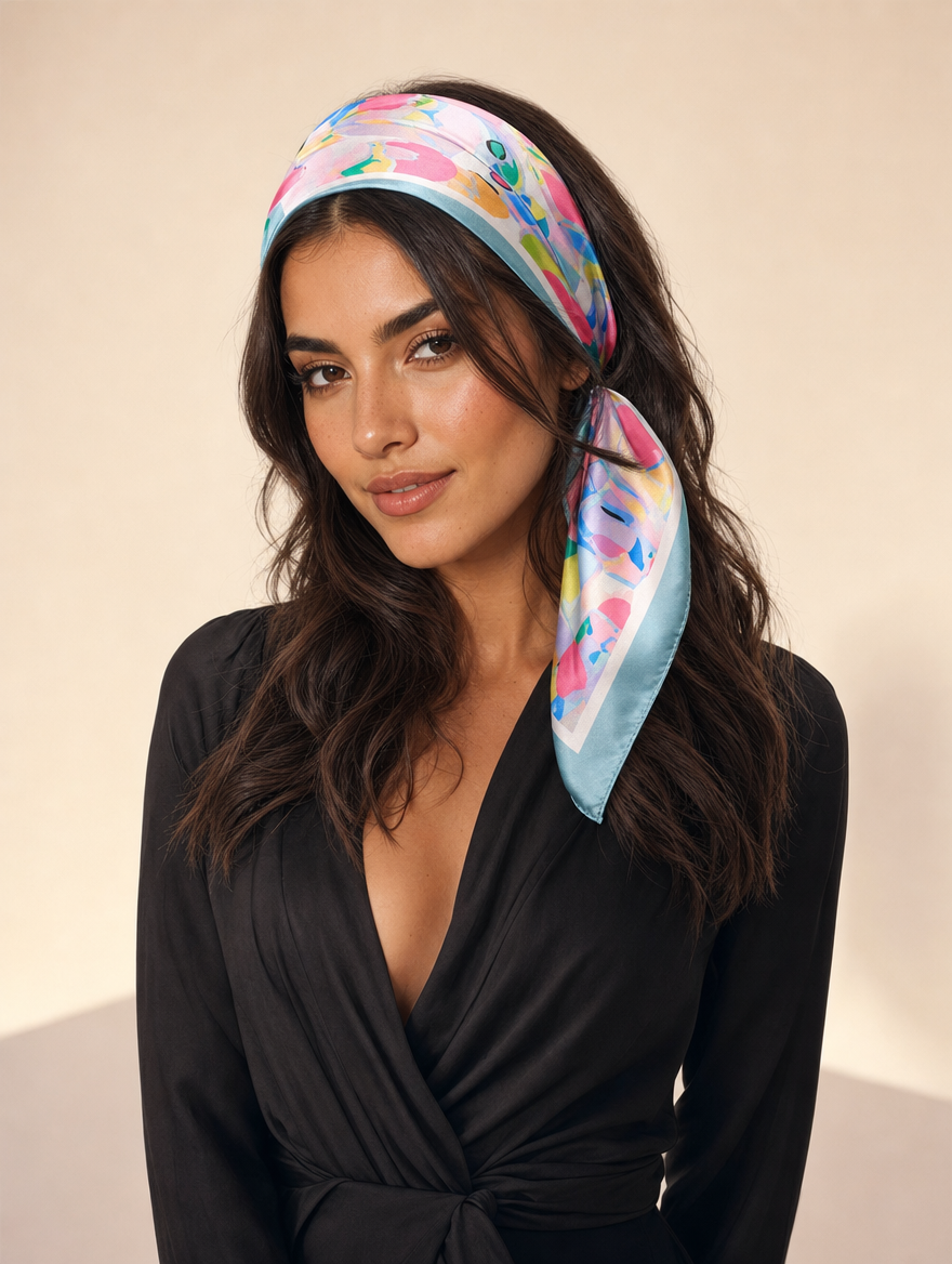Pañuelo Abstracto Azul y Rosa, usado en el cabello con aire mediterráneo y acabado cuidado