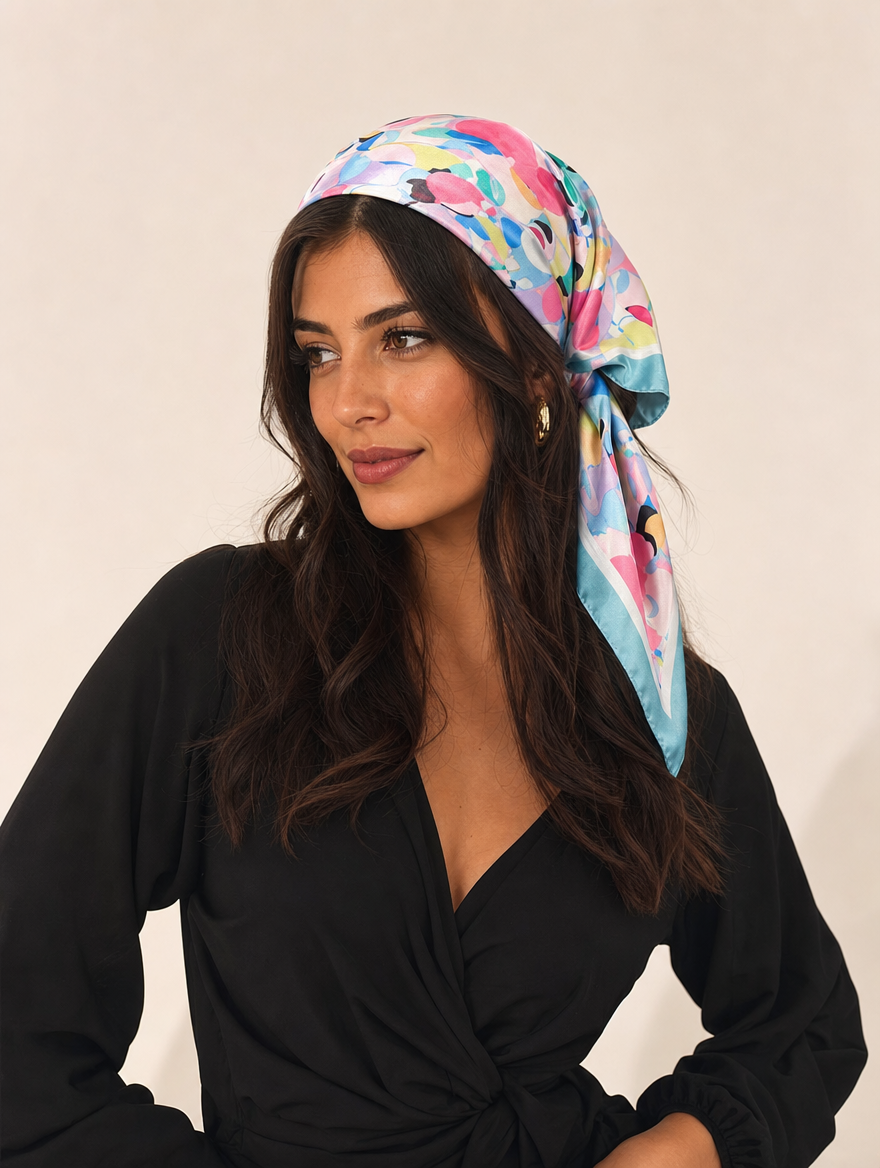 Pañuelo Abstracto Azul y Rosa, llevado en la cabeza con estilo sofisticado y natural con acabado cuidado