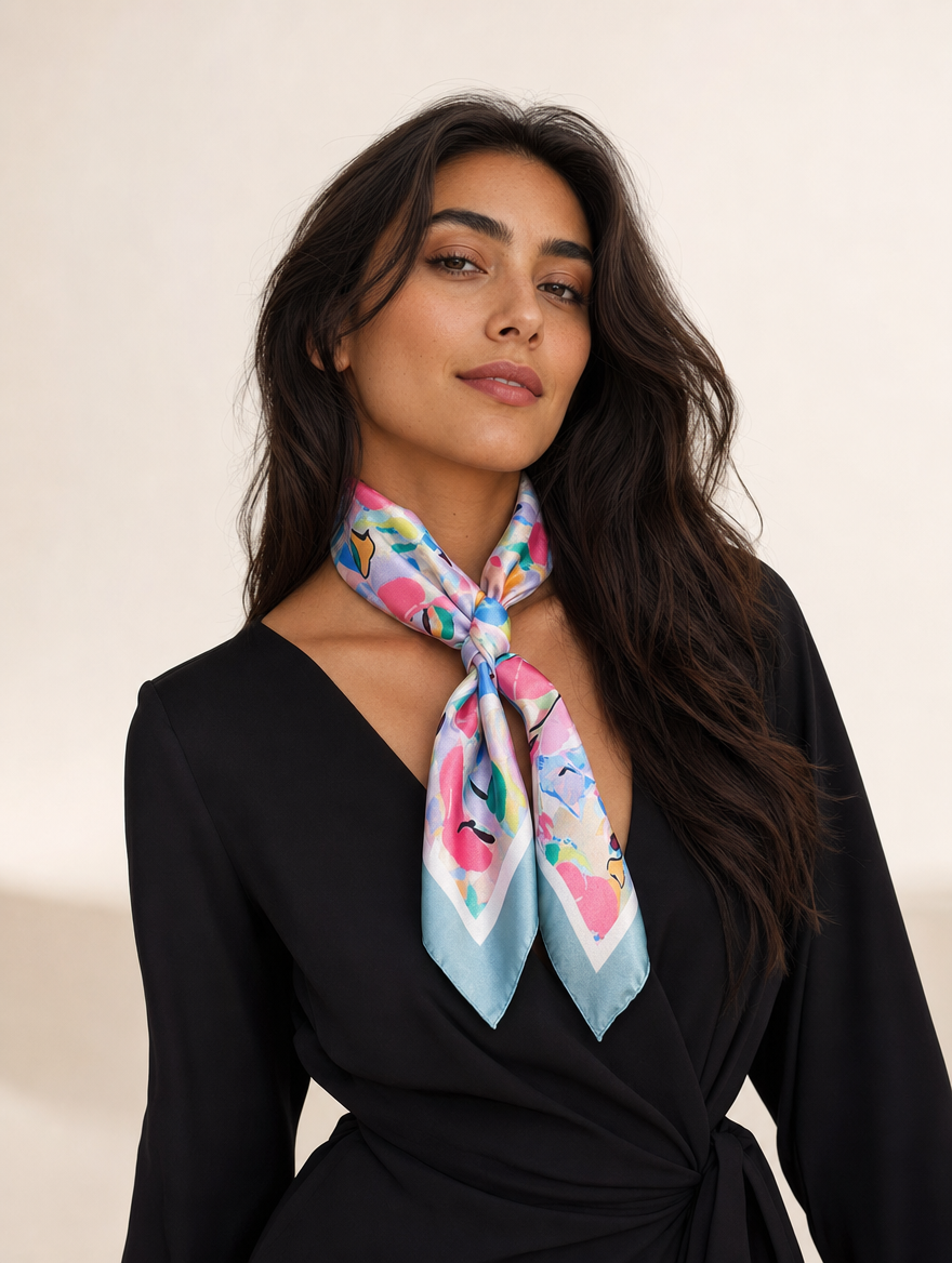 Pañuelo Abstracto Azul y Rosa, llevado al cuello con estilo elegante y acabado cuidado