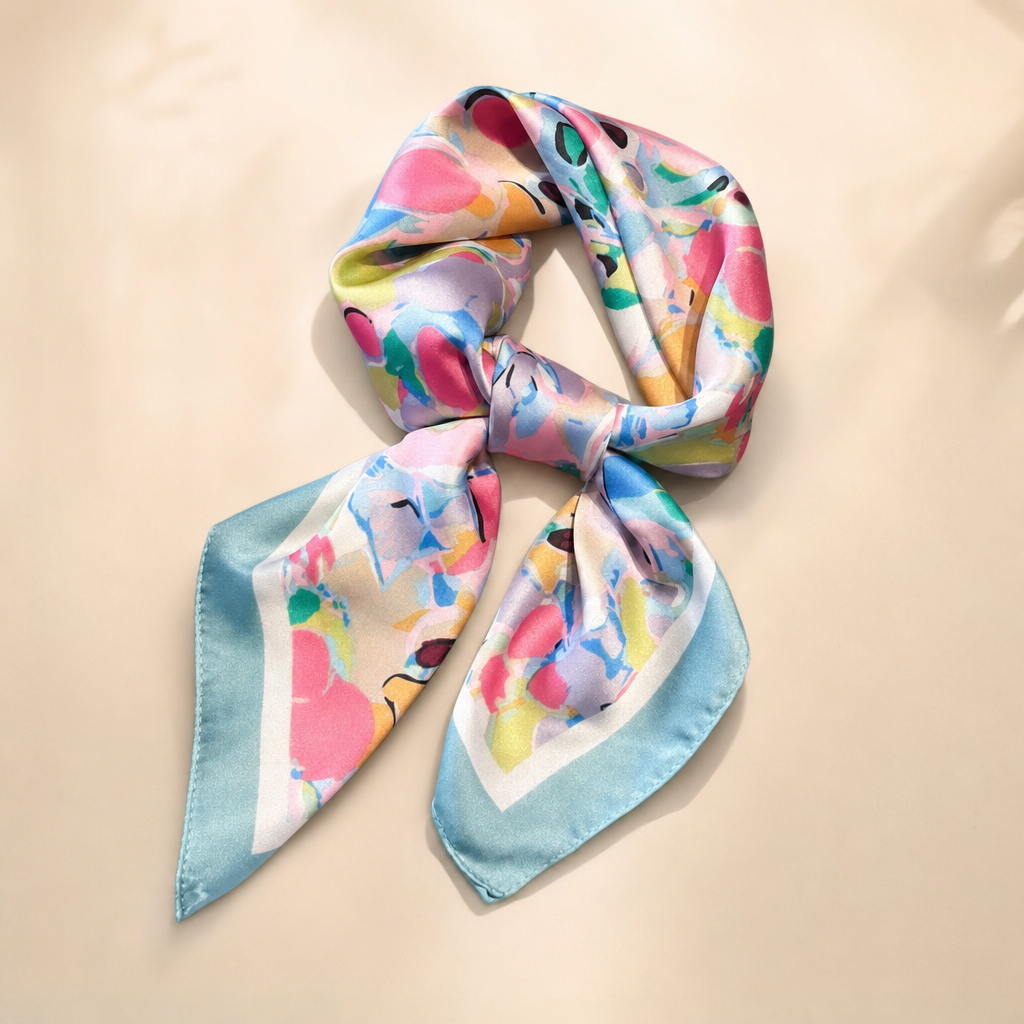 Pañuelo Abstracto Azul y Rosa, presentado con luz suave y estilo cuidado con acabado cuidado