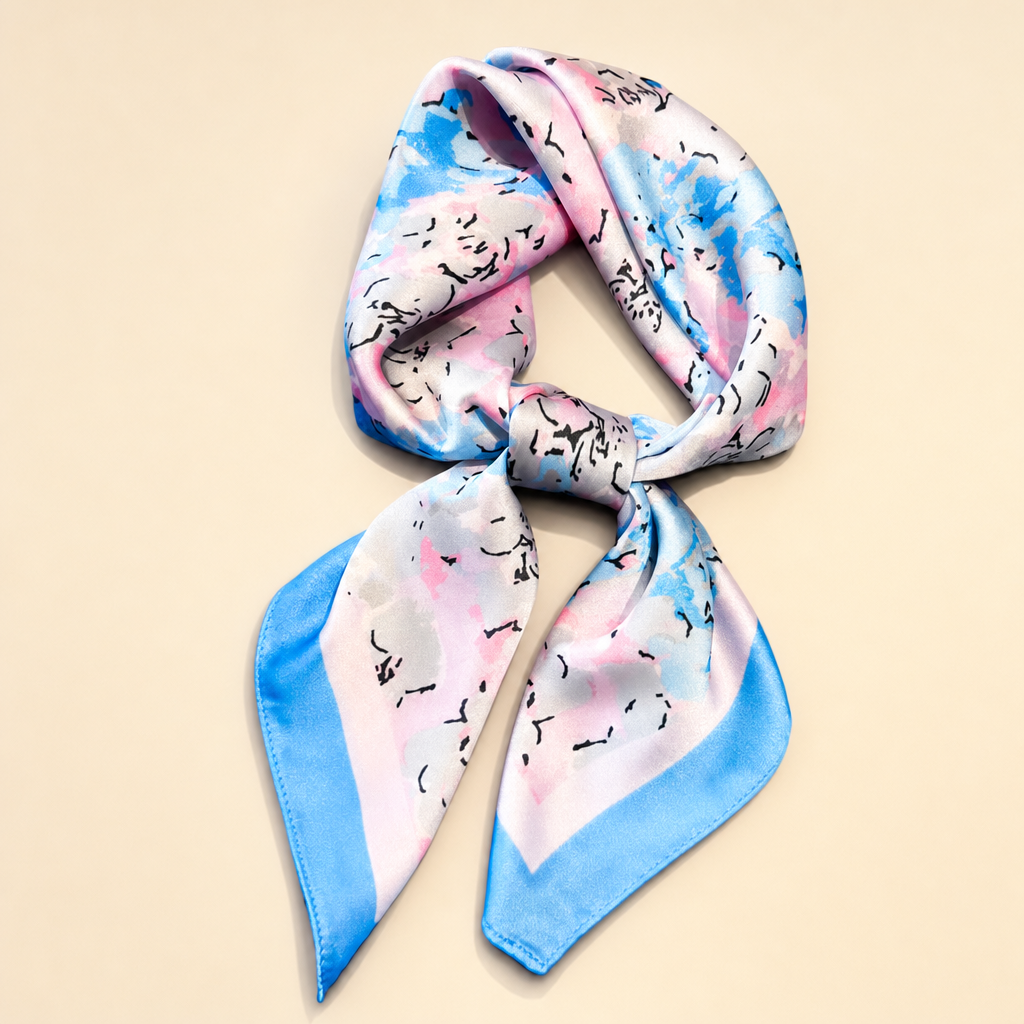 Pañuelo Abstracto Azul y Rosa, presentado con luz suave y estilo cuidado con acabado cuidado