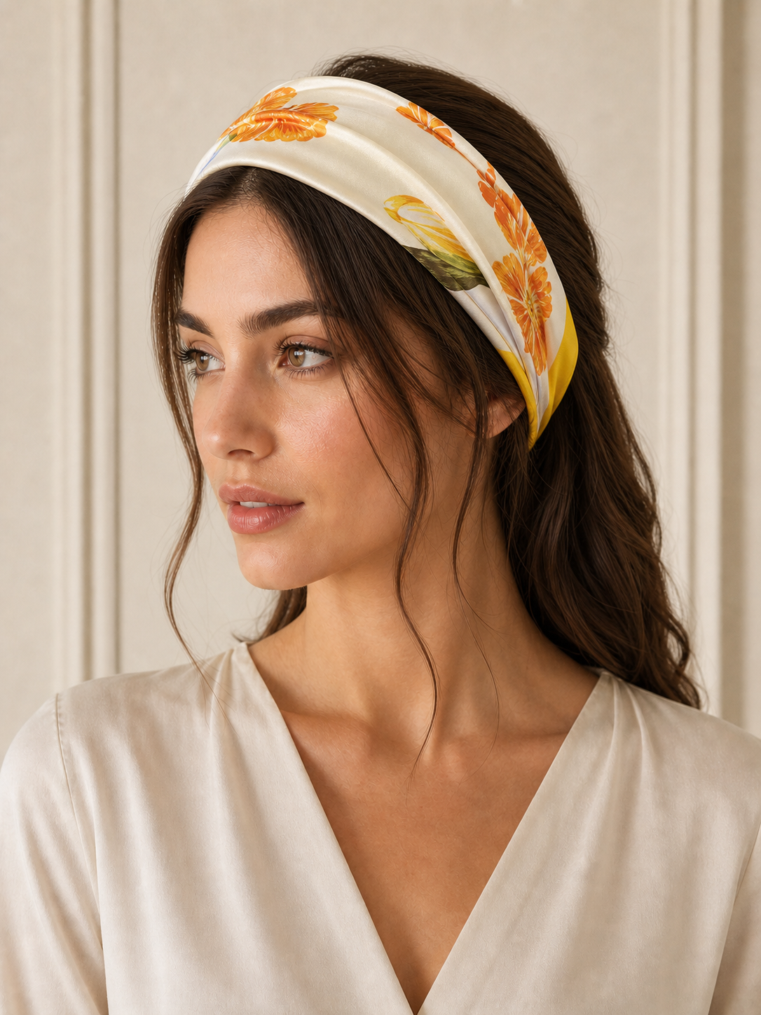 Pañuelo Amarillo con Flores Naranjas, usado en el cabello con aire mediterráneo y acabado cuidado