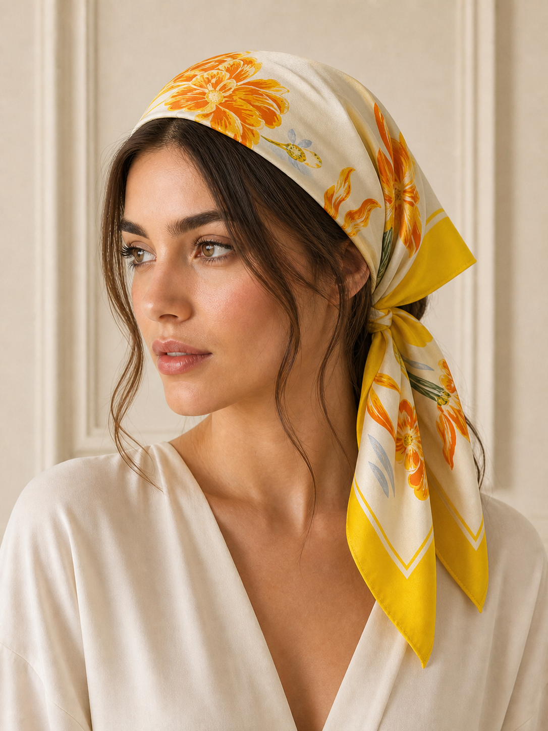 Pañuelo Amarillo con Flores Naranjas, llevado en la cabeza con estilo sofisticado y natural
