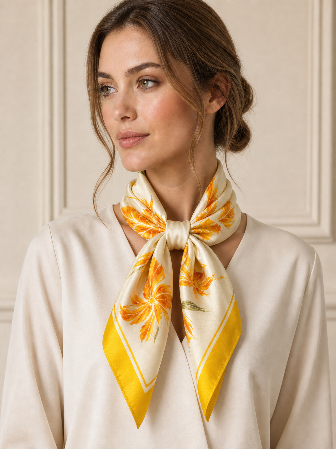Pañuelo Amarillo con Flores Naranjas, llevado al cuello con estilo elegante y acabado cuidado
