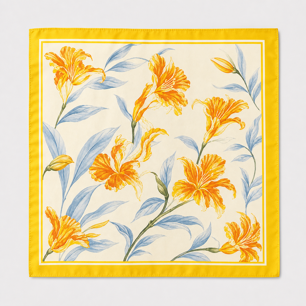 Pañuelo Amarillo con Flores Naranjas, extendido para apreciar su diseño y acabado