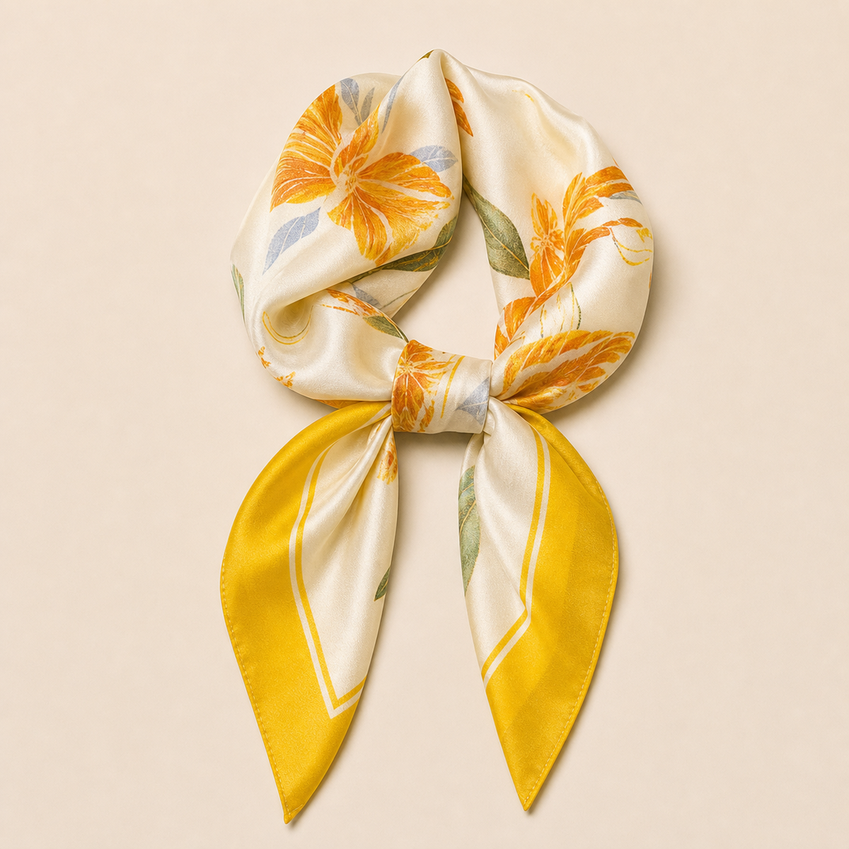 Pañuelo Amarillo con Flores Naranjas, con una presentación cuidada y estilo elegante
