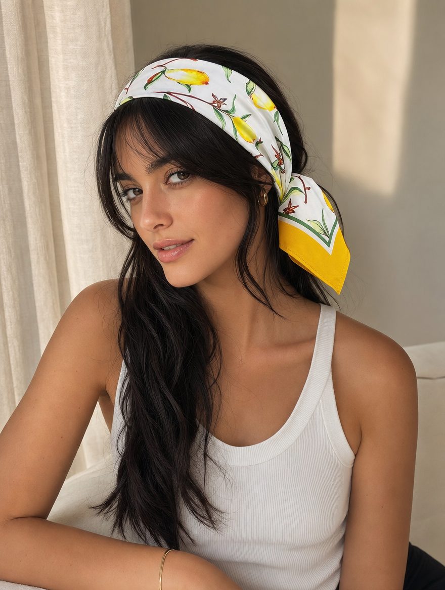 Pañuelo Amarillo con Limones, usado en el cabello con aire mediterráneo y acabado cuidado