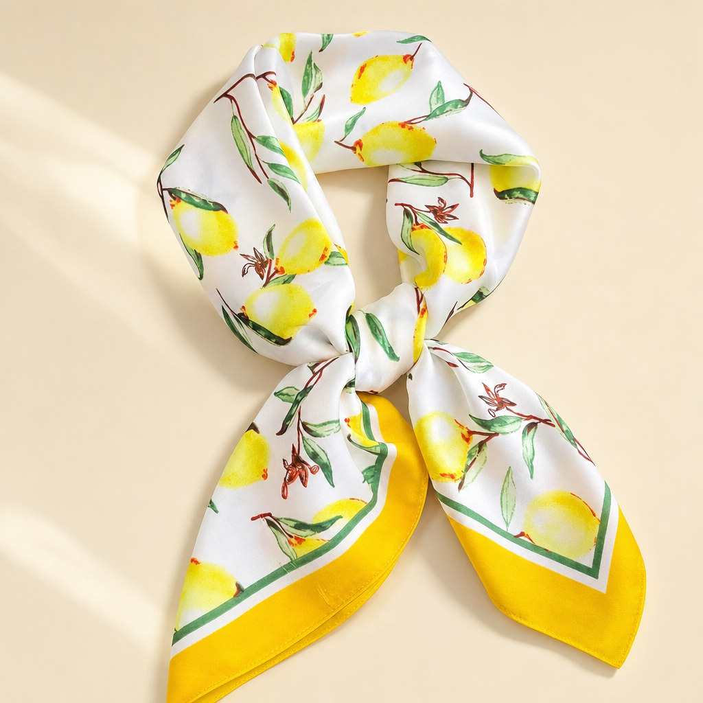 Pañuelo Amarillo con Limones, presentado con luz suave y estilo cuidado con acabado cuidado