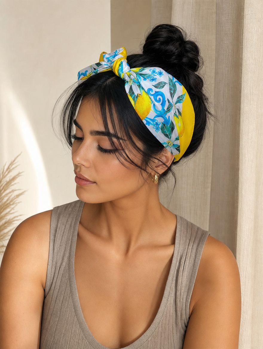 Pañuelo Amarillo con Limones y Flores, usado en el cabello con aire mediterráneo