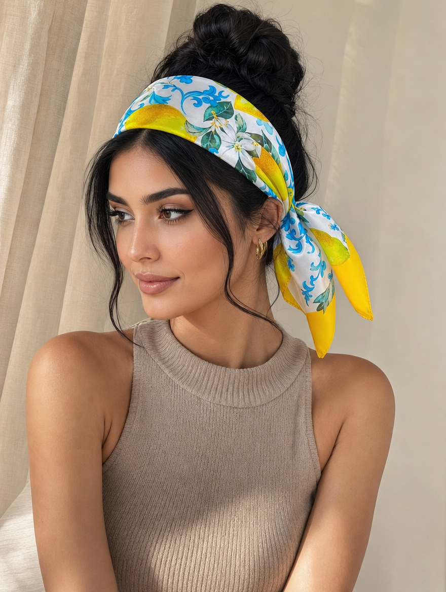Pañuelo Amarillo con Limones y Flores, llevado en la cabeza con estilo sofisticado y natural