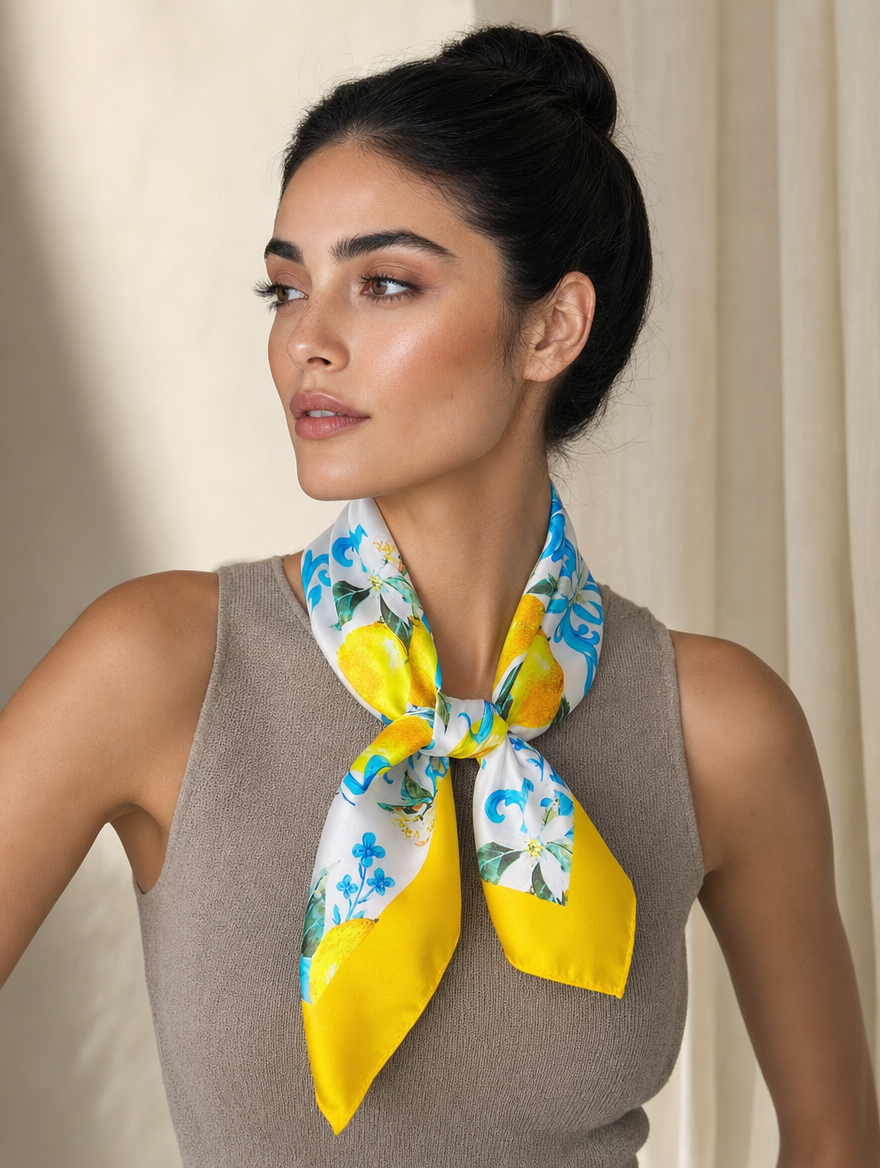 Pañuelo Amarillo con Limones y Flores, llevado al cuello con estilo elegante y acabado cuidado