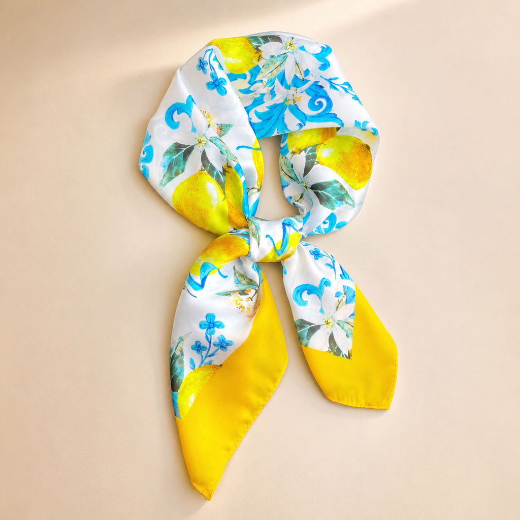 Pañuelo Amarillo con Limones y Flores, presentado con luz suave y estilo cuidado