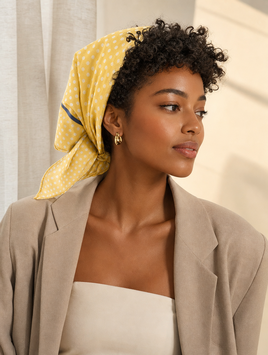 Pañuelo Amarillo con Lunares Blancos, llevado en la cabeza con estilo sofisticado y natural