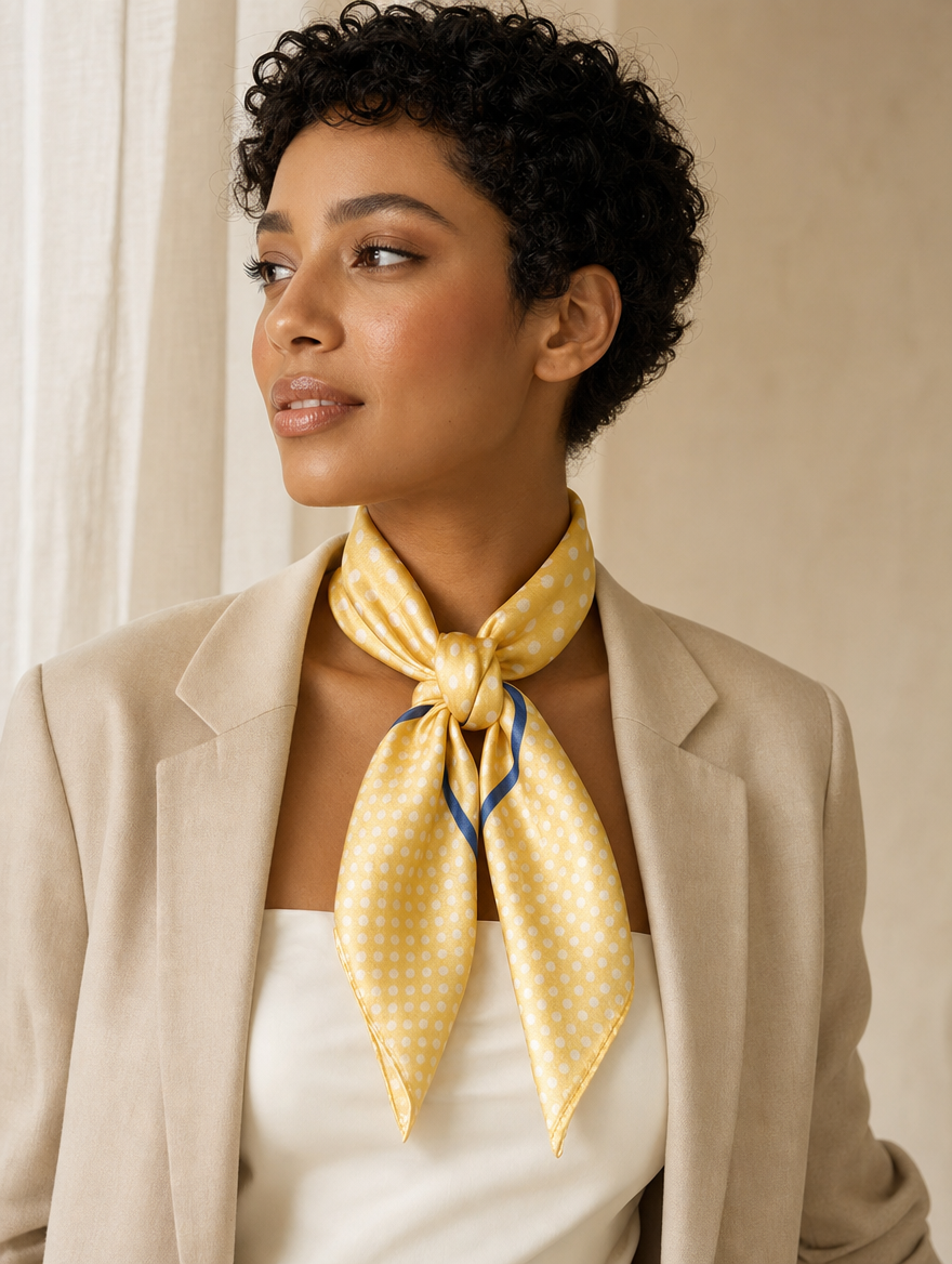 Pañuelo Amarillo con Lunares Blancos, llevado al cuello con estilo elegante y acabado cuidado