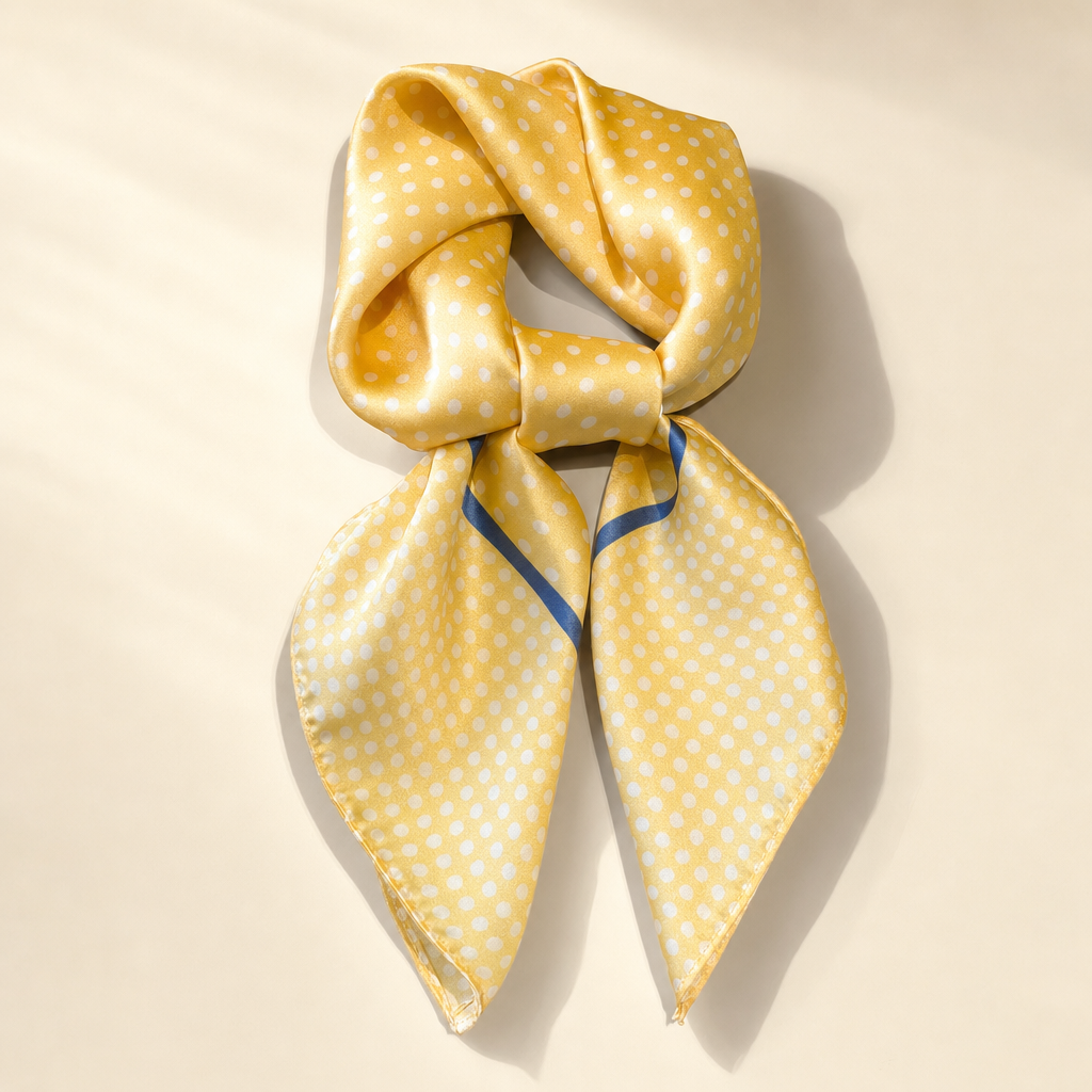 Pañuelo Amarillo con Lunares Blancos, presentado con luz suave y estilo cuidado con estilo natural y refinado