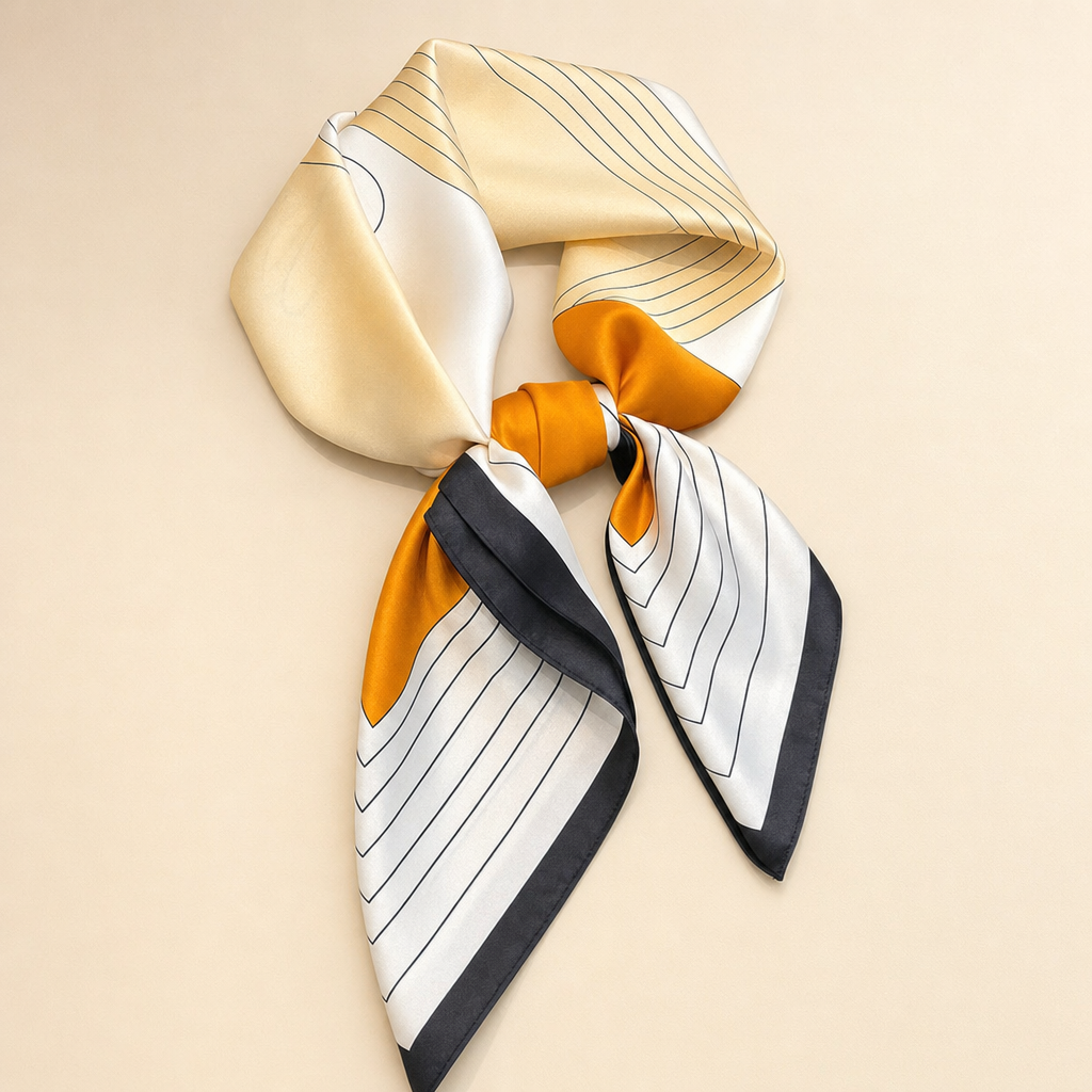 Pañuelo Amarillo y Naranja con Diseño Geométrico, presentado con luz suave y estilo cuidado