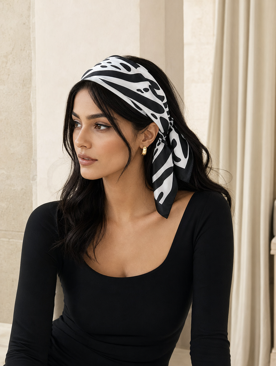 Pañuelo Animal Print Blanco y Negro, usado en el cabello con aire mediterráneo y acabado cuidado