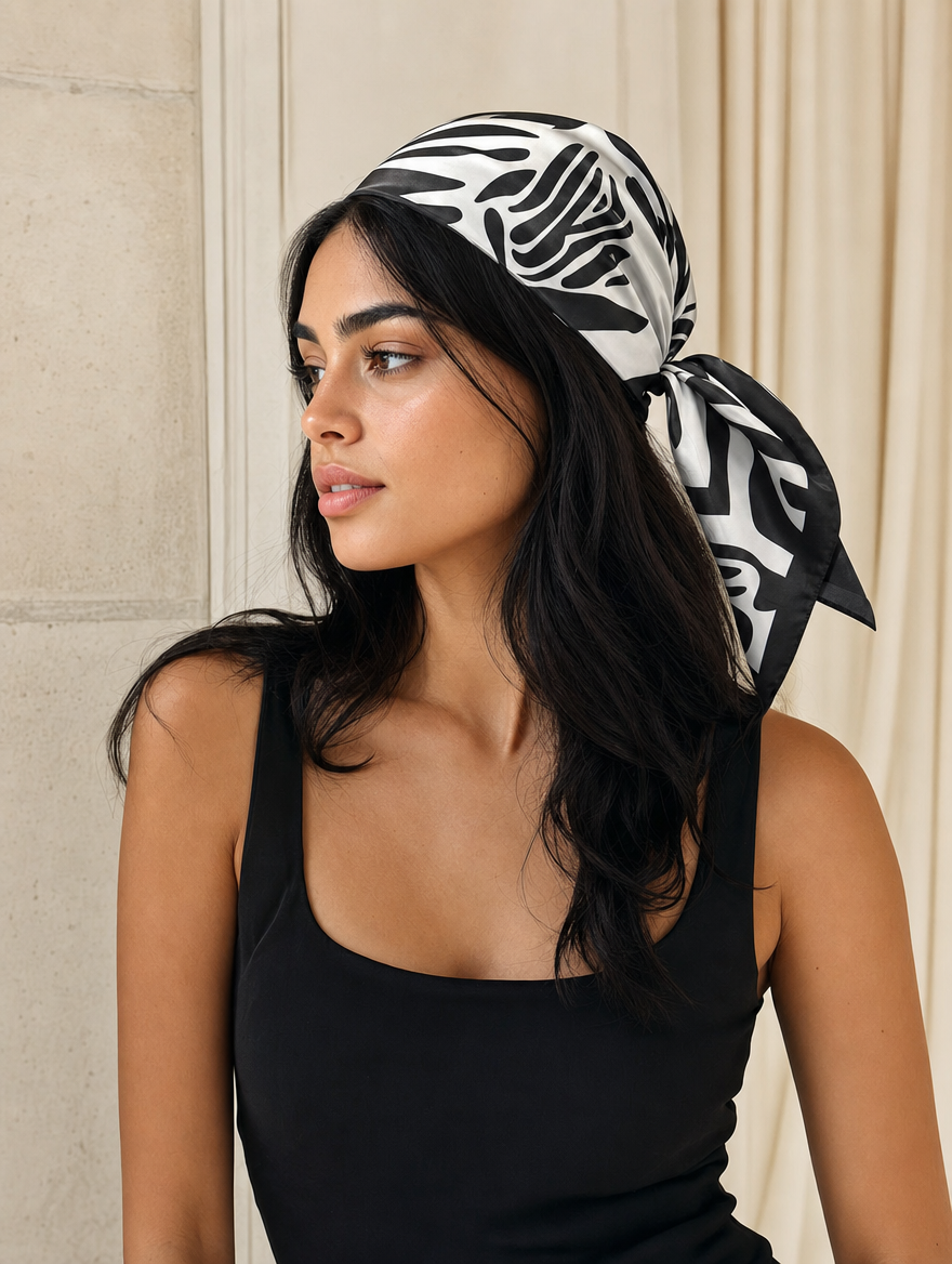 Pañuelo Animal Print Blanco y Negro, llevado en la cabeza con estilo sofisticado y natural