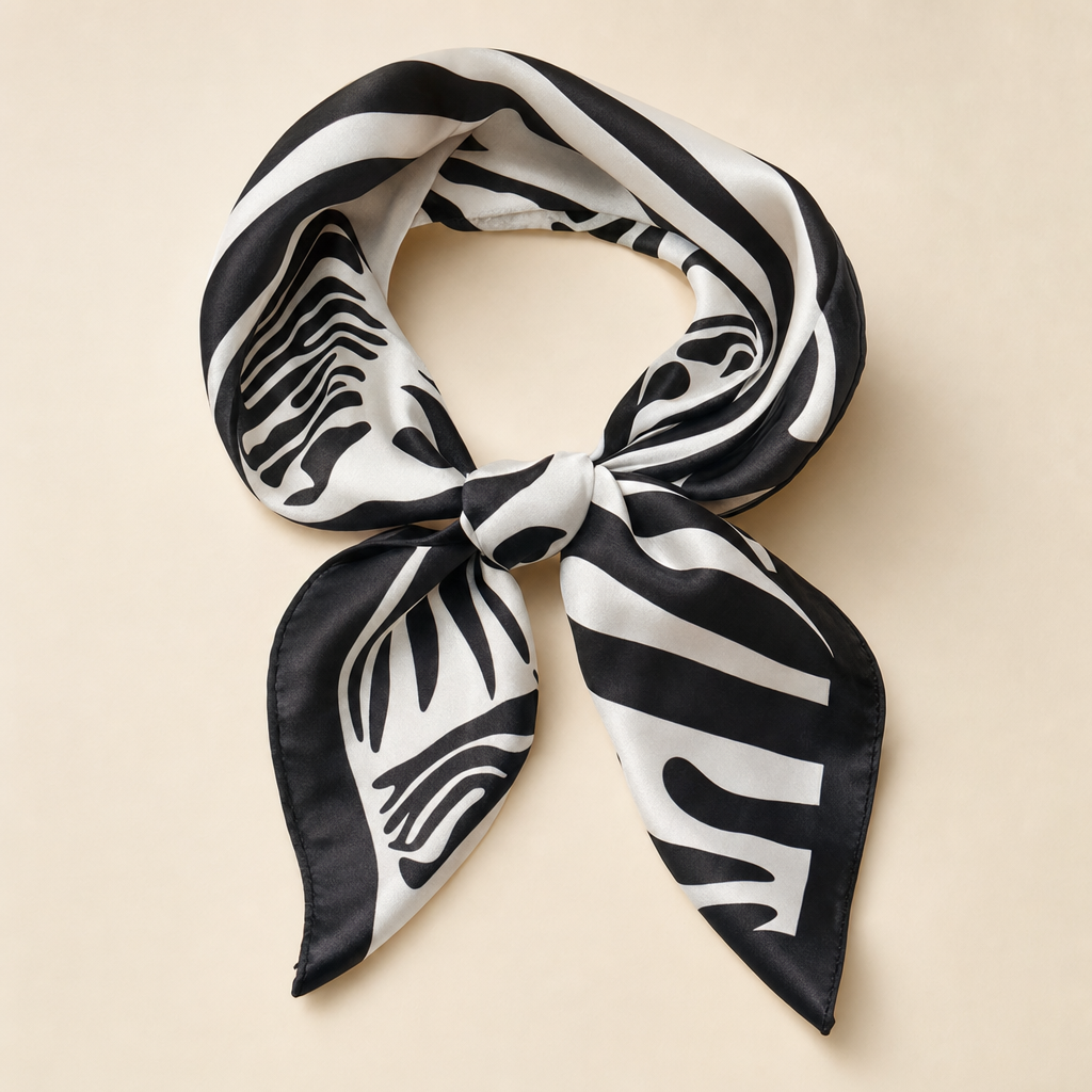 Pañuelo Animal Print Blanco y Negro, presentado con luz suave y estilo cuidado con estilo natural y refinado