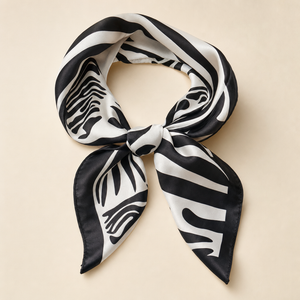 Pañuelo Animal Print Blanco y Negro, presentado con luz suave y estilo cuidado con estilo natural y refinado