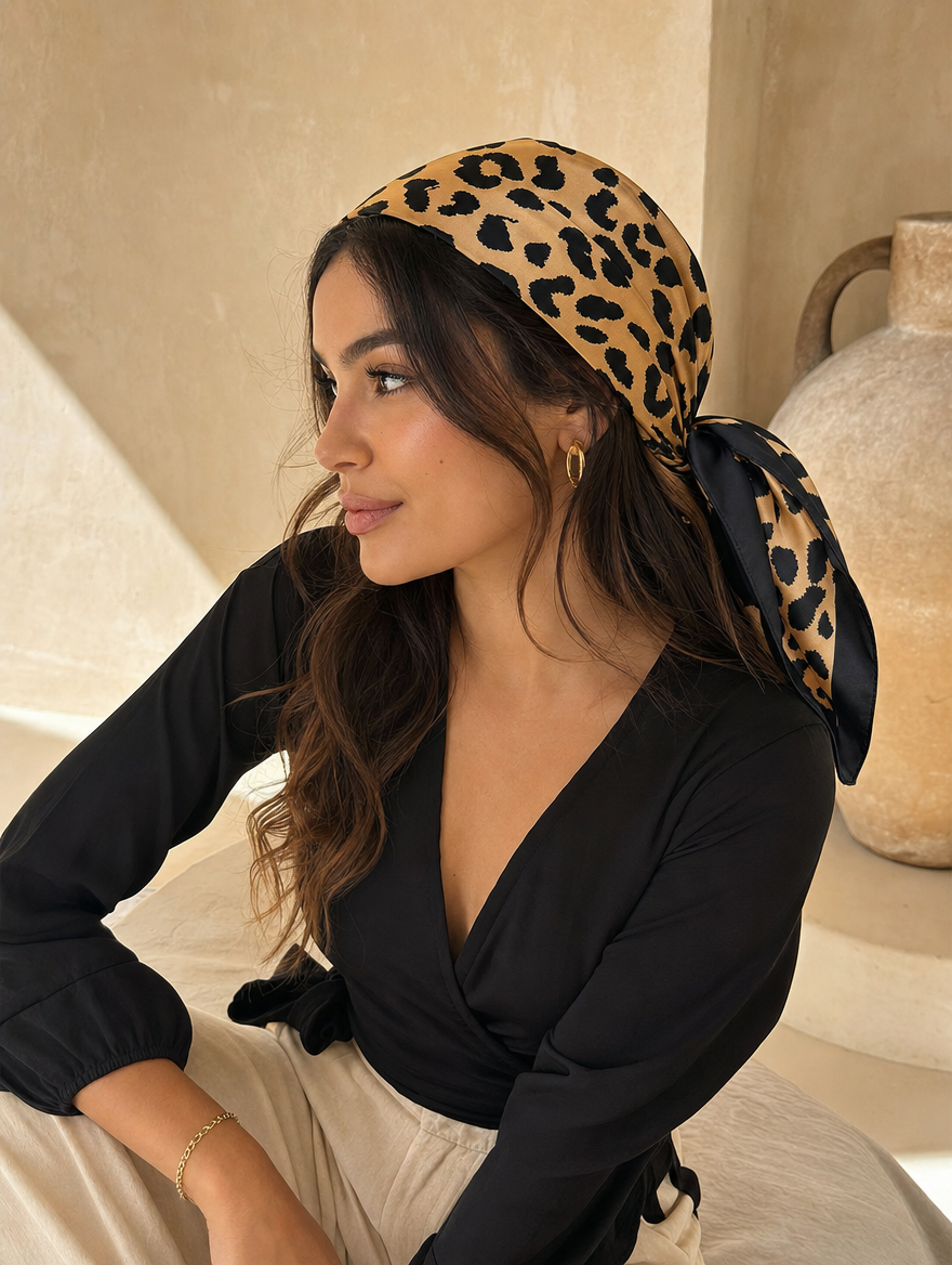 Pañuelo Animal Print Leopardo Marrón y Negro, llevado en la cabeza con estilo sofisticado y natural