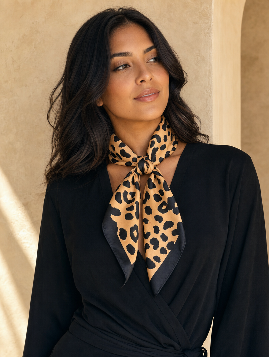 Pañuelo Animal Print Leopardo Marrón y Negro, llevado al cuello con estilo elegante