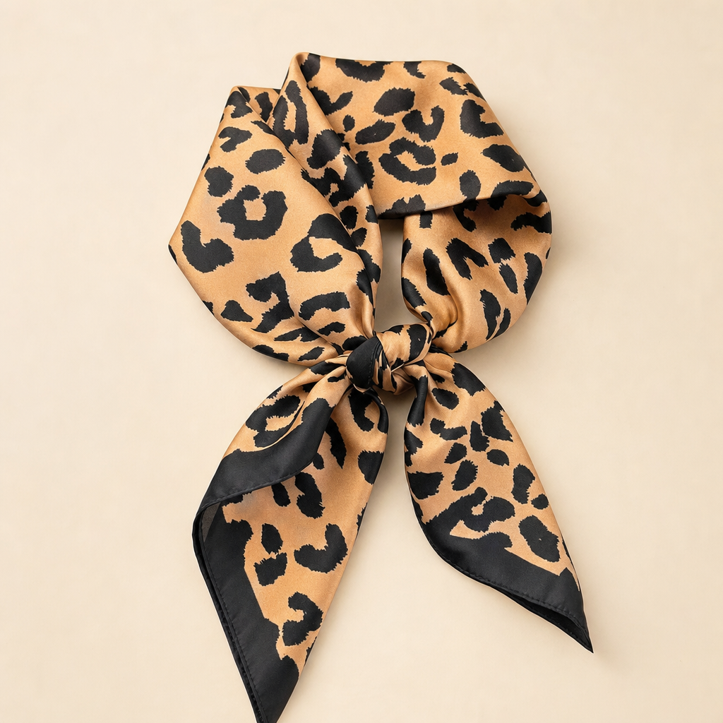 Pañuelo Animal Print Leopardo Marrón y Negro, presentado con luz suave y estilo cuidado