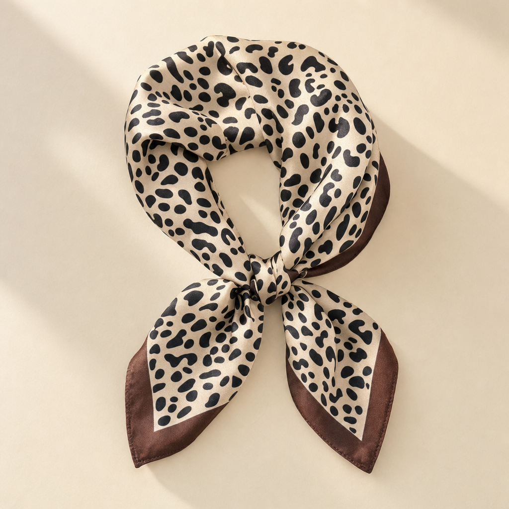 Pañuelo Animal Print Marrón, presentado con luz suave y estilo cuidado con acabado cuidado