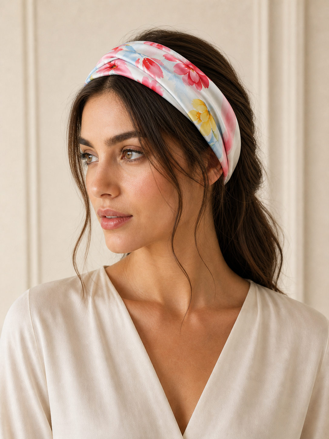 Pañuelo Azul Claro y Rosa con Flores Acuarela, usado en el cabello con aire mediterráneo