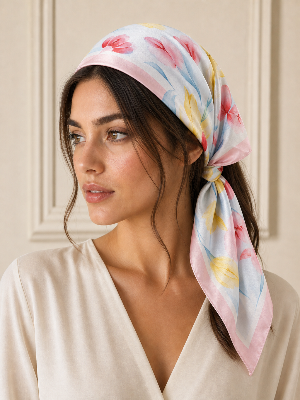 Pañuelo Azul Claro y Rosa con Flores Acuarela, llevado en la cabeza con estilo sofisticado y natural