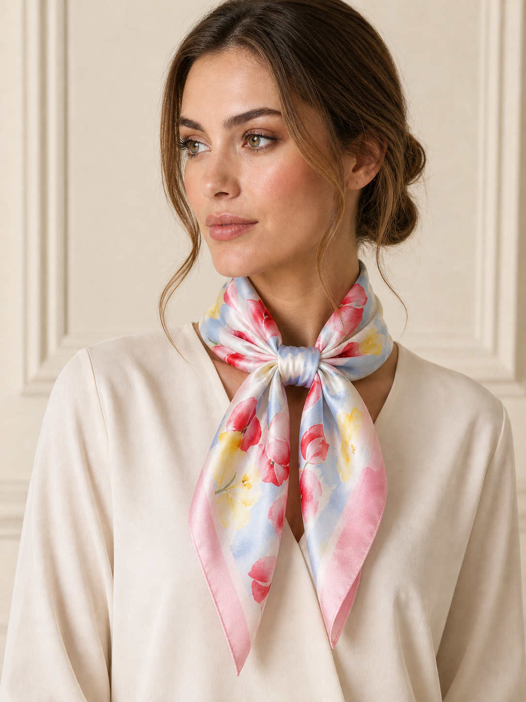 Pañuelo Azul Claro y Rosa con Flores Acuarela, llevado al cuello con estilo elegante