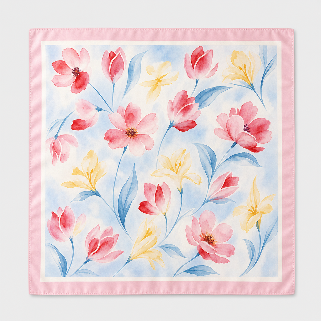 Pañuelo Azul Claro y Rosa con Flores Acuarela, extendido para apreciar su diseño y acabado