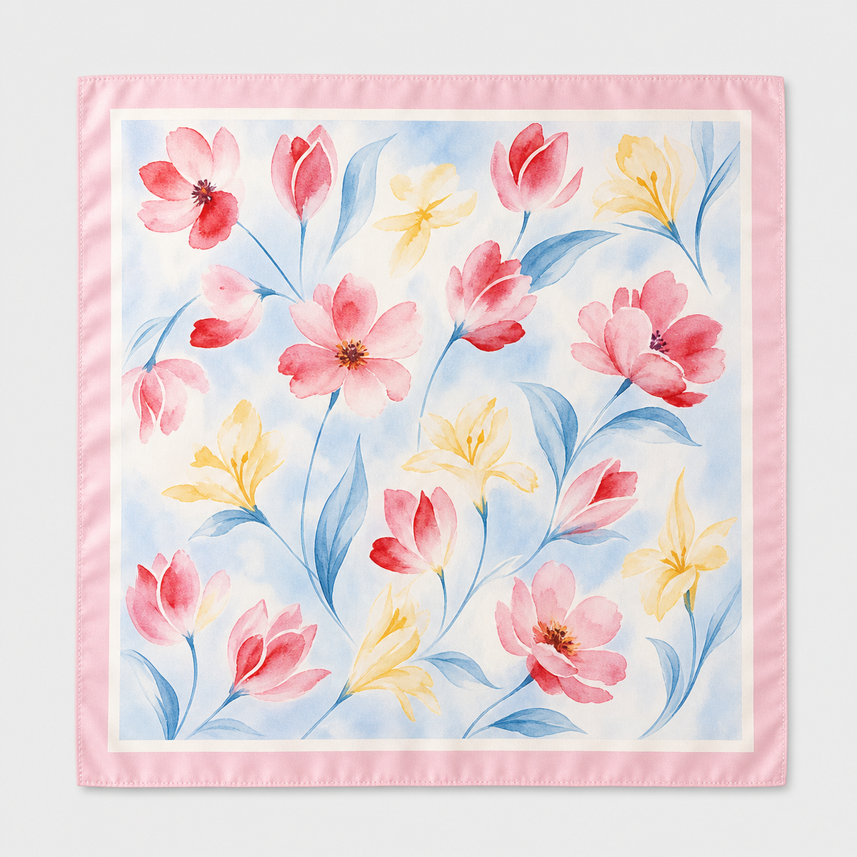 Pañuelo Azul Claro y Rosa con Flores Acuarela, extendido para apreciar su diseño y acabado