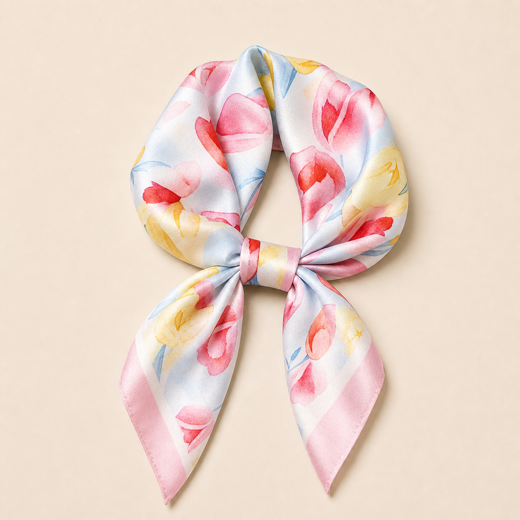 Pañuelo Azul Claro y Rosa con Flores Acuarela, con una presentación cuidada y estilo elegante