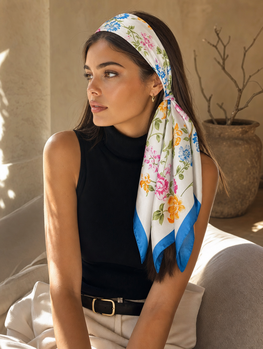 Pañuelo Azul con Flores de Jardín, usado en el cabello con aire mediterráneo y acabado cuidado