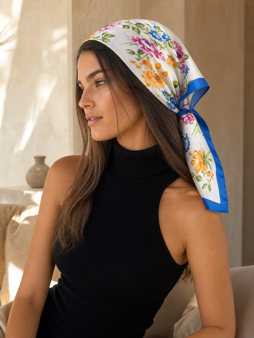 Pañuelo Azul con Flores de Jardín, llevado en la cabeza con estilo sofisticado y natural con acabado cuidado