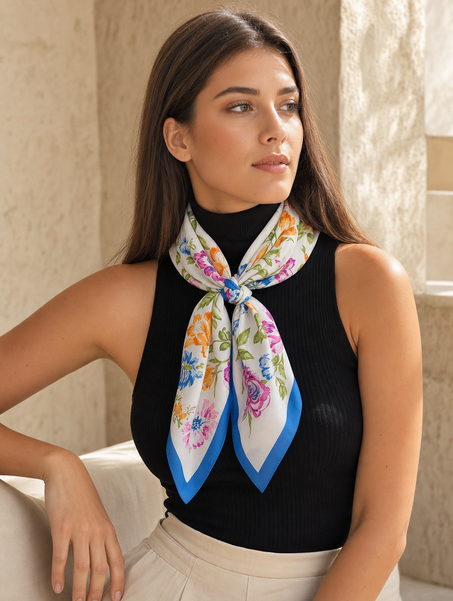 Pañuelo Azul con Flores de Jardín, llevado al cuello con estilo elegante y acabado cuidado