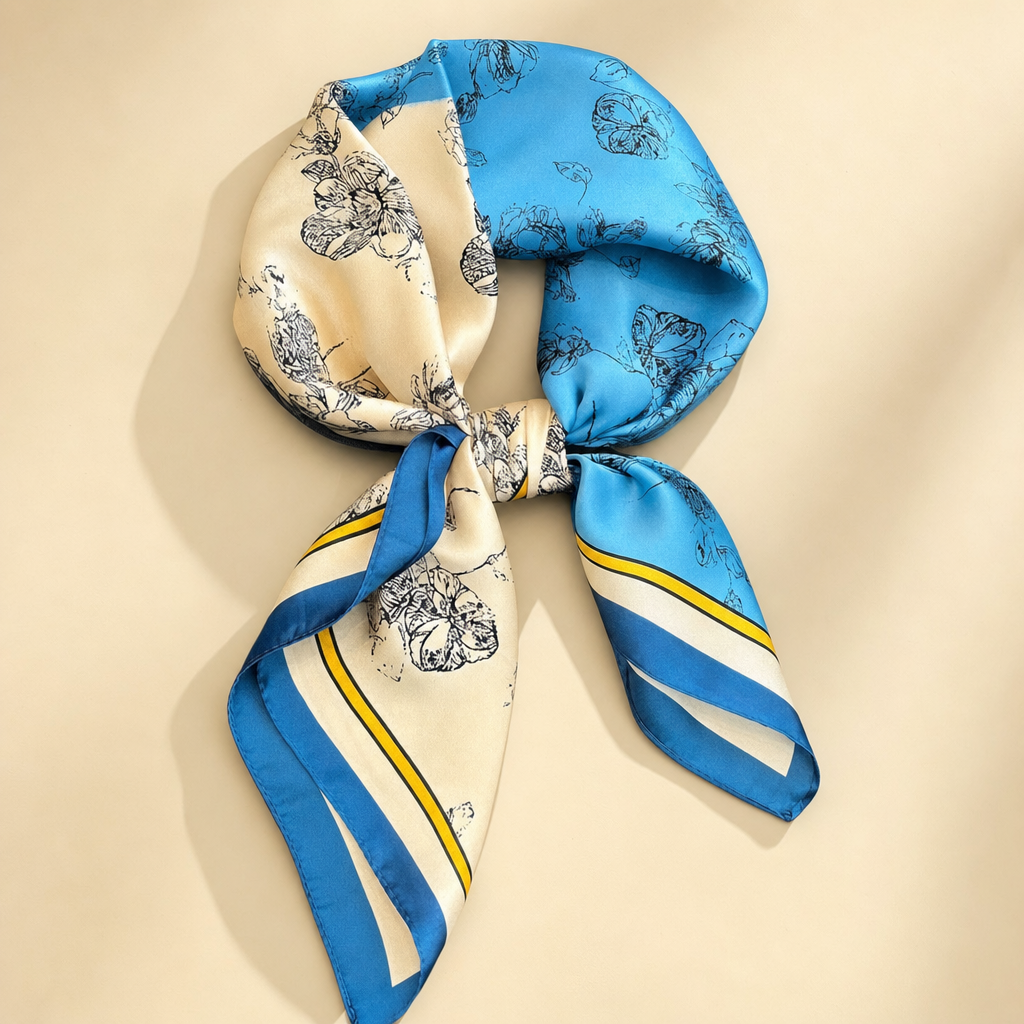 Pañuelo Azul con Flores Lineales, presentado con luz suave y estilo cuidado con acabado cuidado