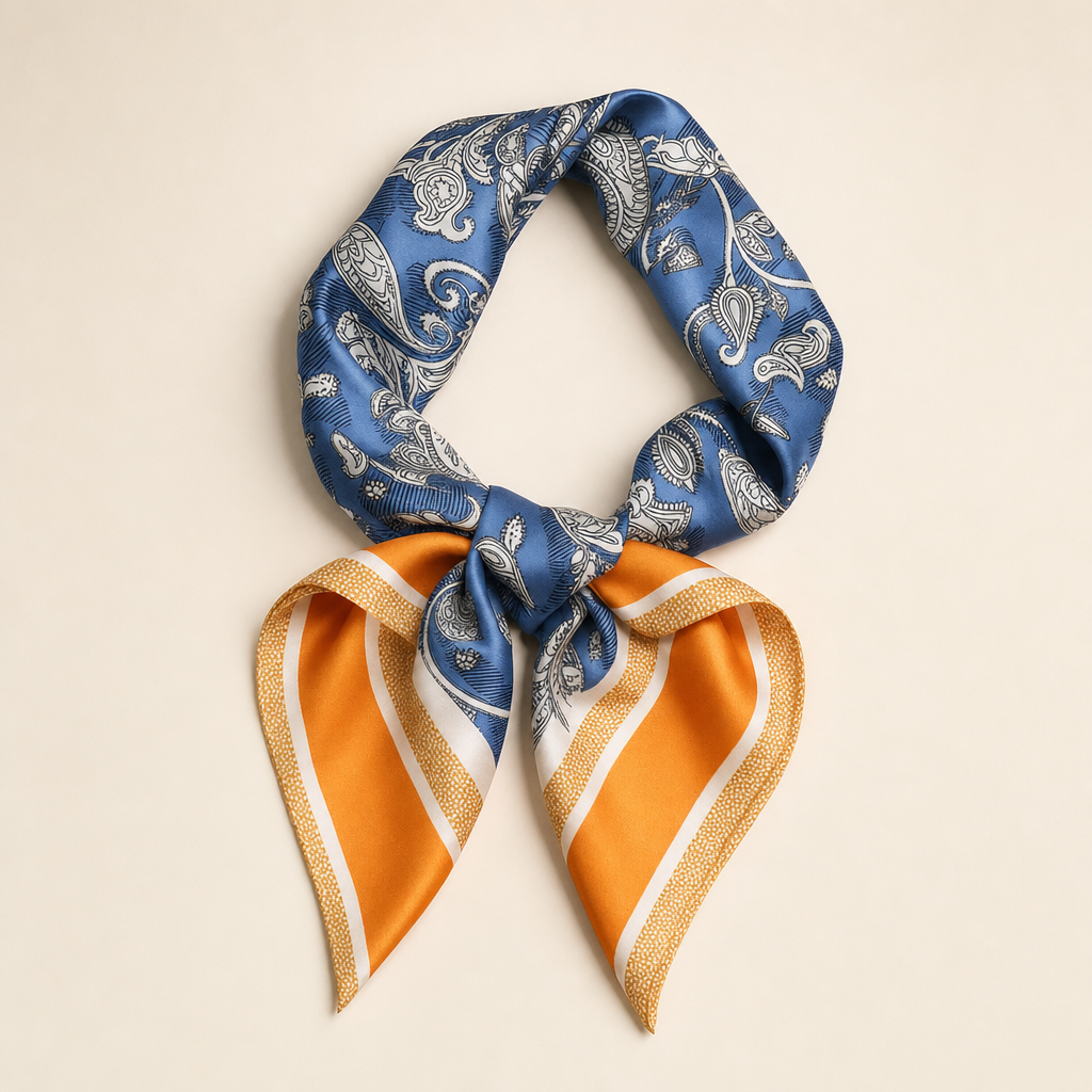 Pañuelo Azul con Paisley y Borde Naranja, presentado con luz suave y estilo cuidado