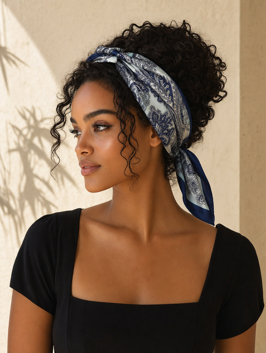 Pañuelo Azul Marino con Estampado Paisley, usado en el cabello con aire mediterráneo