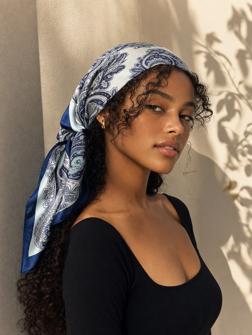Pañuelo Azul Marino con Estampado Paisley, llevado en la cabeza con estilo sofisticado y natural