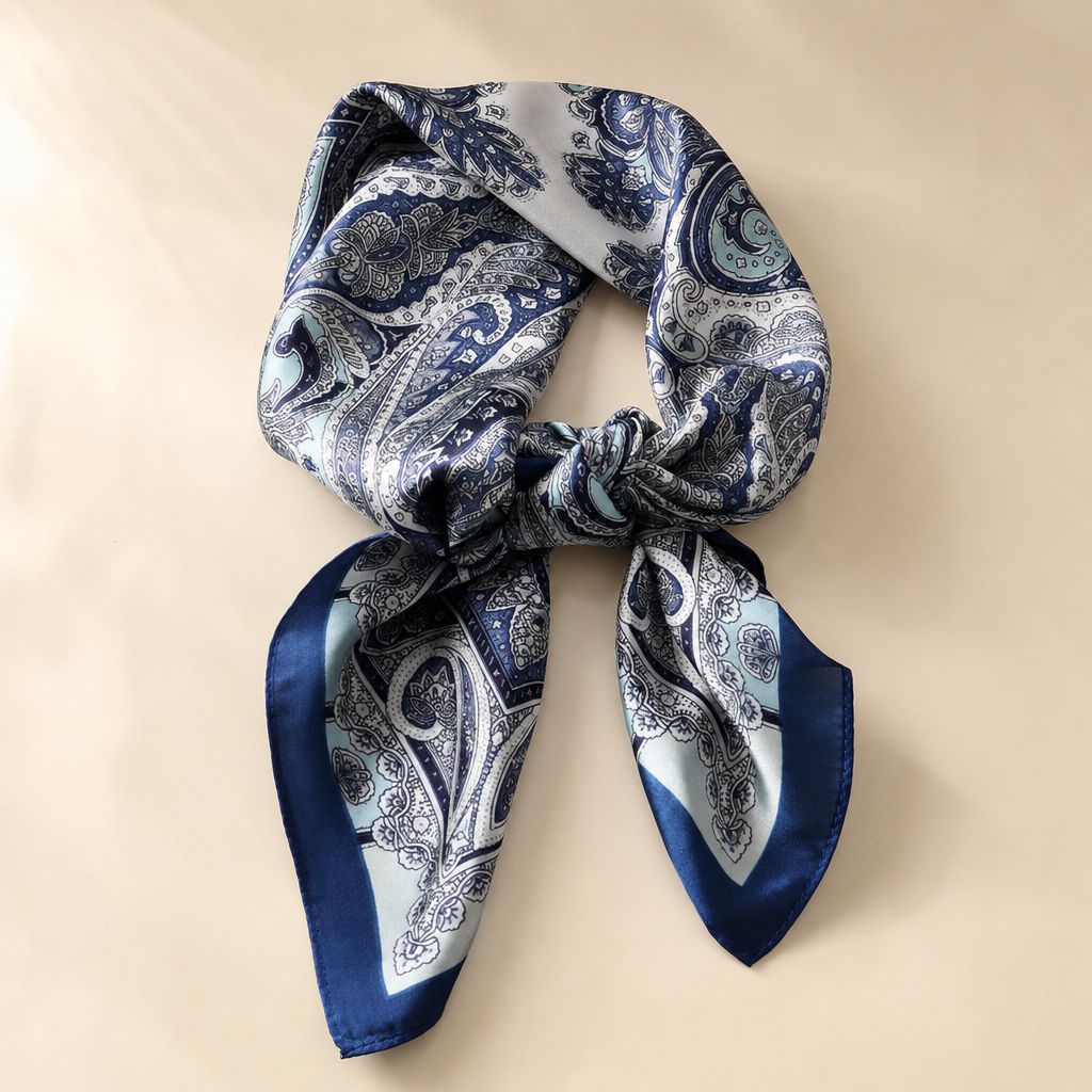 Pañuelo Azul Marino con Estampado Paisley, presentado con luz suave y estilo cuidado