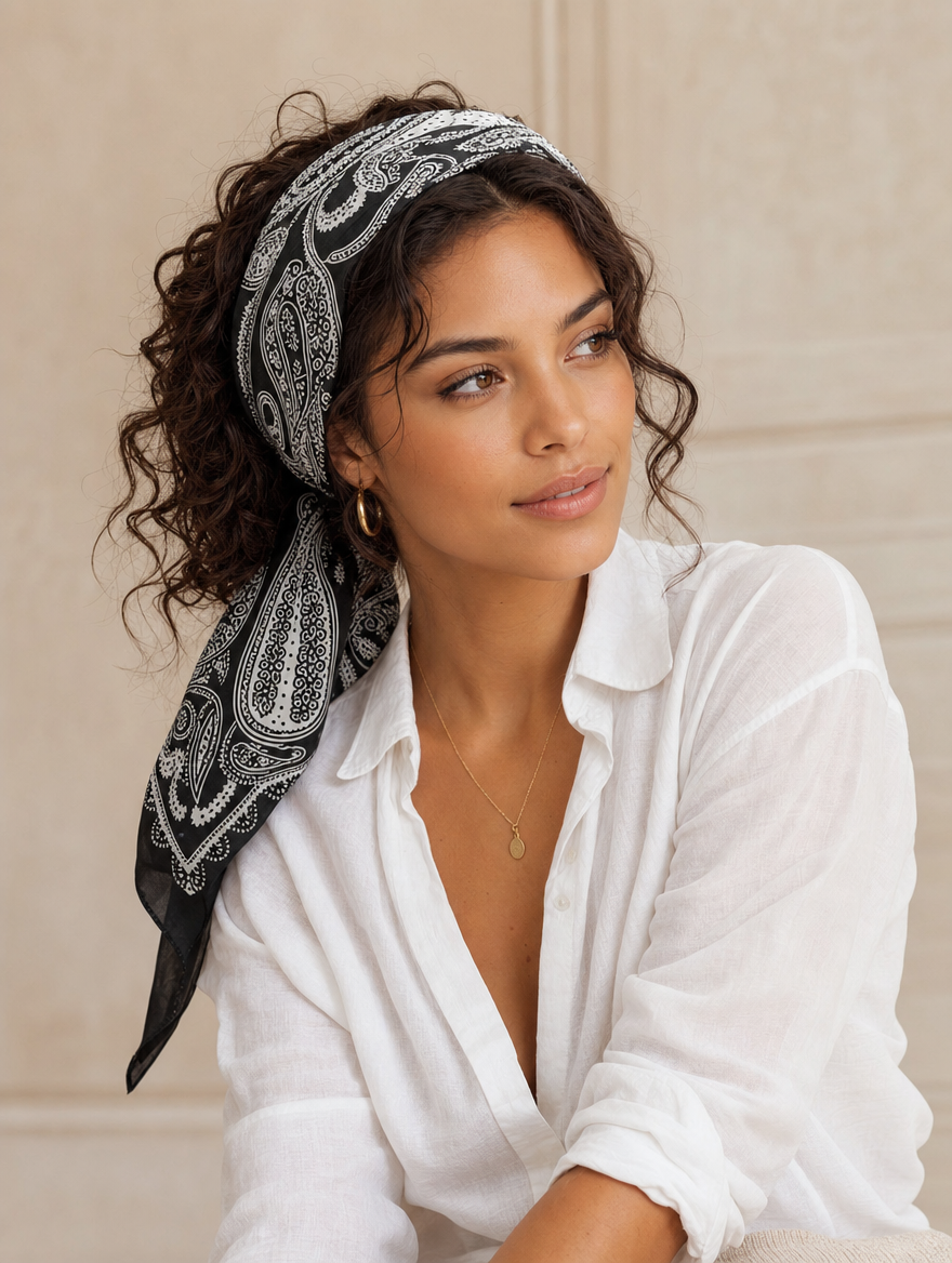 Pañuelo Bandana Paisley Negro y Blanco, usado en el cabello con aire mediterráneo