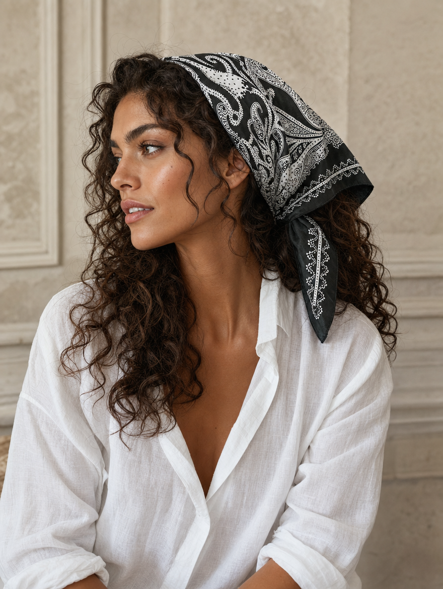 Pañuelo Bandana Paisley Negro y Blanco, llevado en la cabeza con estilo sofisticado y natural con acabado cuidado