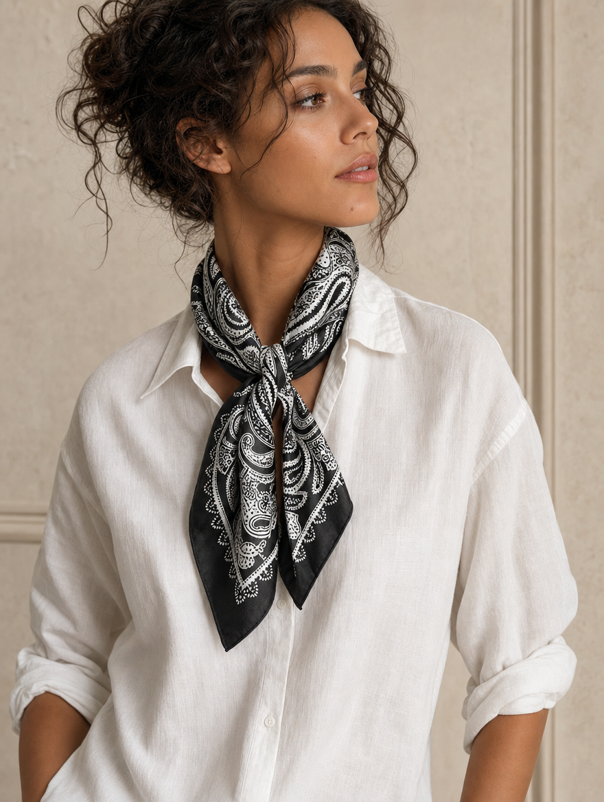 Pañuelo Bandana Paisley Negro y Blanco, llevado al cuello con estilo elegante y acabado cuidado