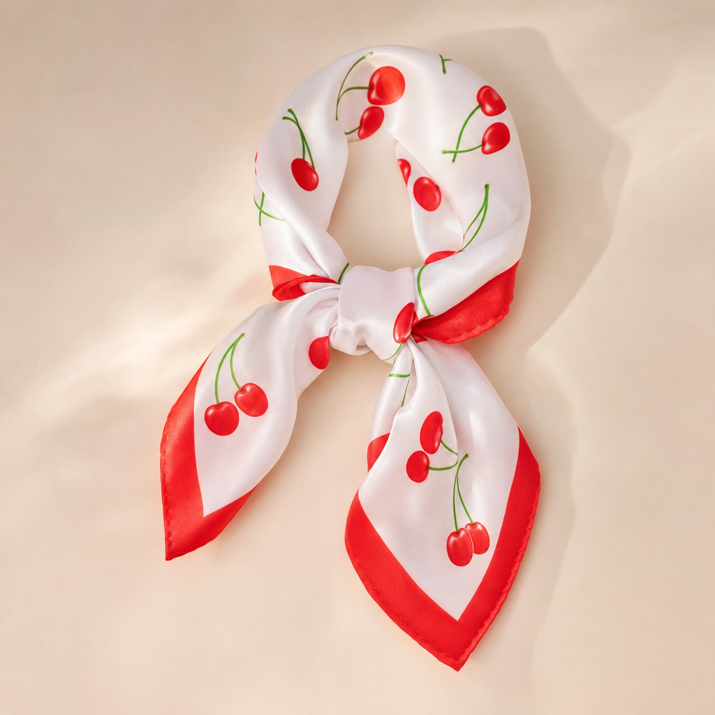 Pañuelo Blanco con Cerezas y Borde Rojo, presentado con luz suave y estilo cuidado con acabado cuidado