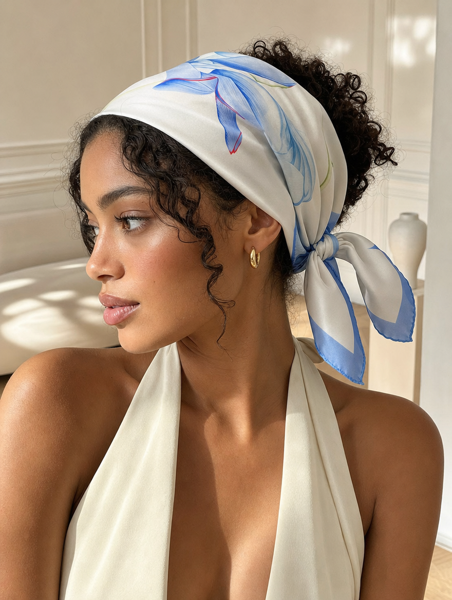 Pañuelo Blanco con Detalles Azules, llevado en la cabeza con estilo sofisticado y natural con acabado cuidado