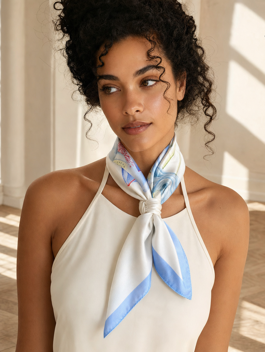 Pañuelo Blanco con Detalles Azules, llevado al cuello con estilo elegante y acabado cuidado