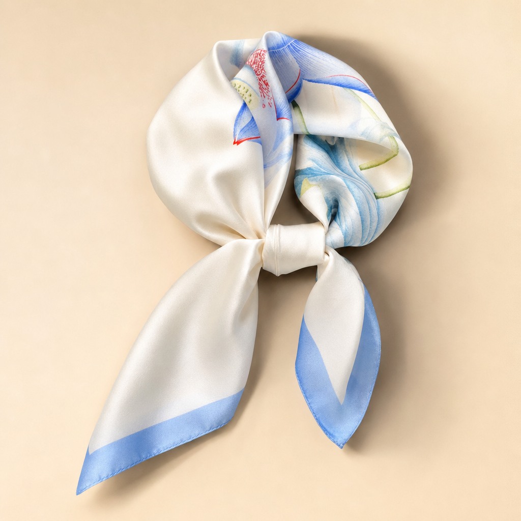 Pañuelo Blanco con Detalles Azules, presentado con luz suave y estilo cuidado con estilo natural y refinado